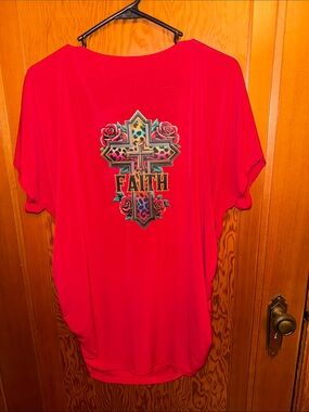SJS Bright Red Kids Tee with Floral Leopard Faith Cross